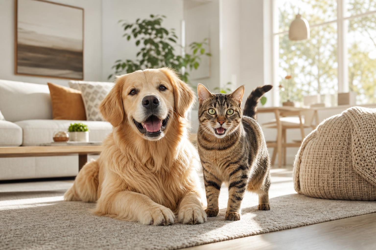 A golden retriever and a tabby cat resting together
